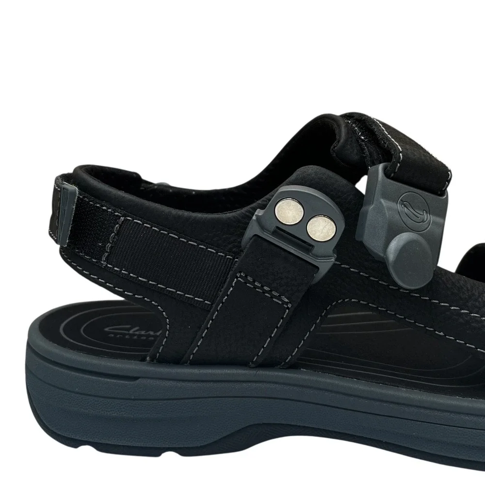 Clarks Mens Saltway‎ Trail Leather Sandal Size 11 Solid Black Adjustable Sporty